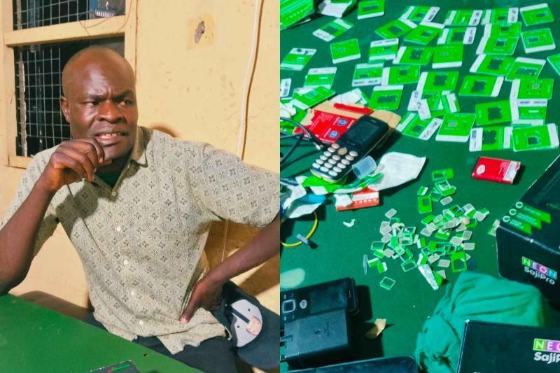 Collage photo a suspected M-Pesa fraudster arrested in Garissa and recovered Sim Cards.